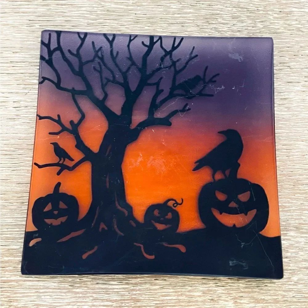 Halloween Scene Frosted Glass Silhouette Decor Tray